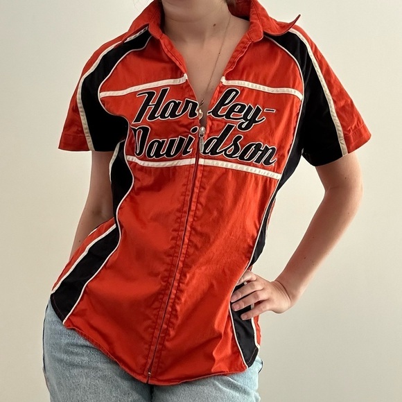 HARLEY DAVIDSON ZIP  FRONT ORANGE BLOUSE - M - Picture 4 of 13